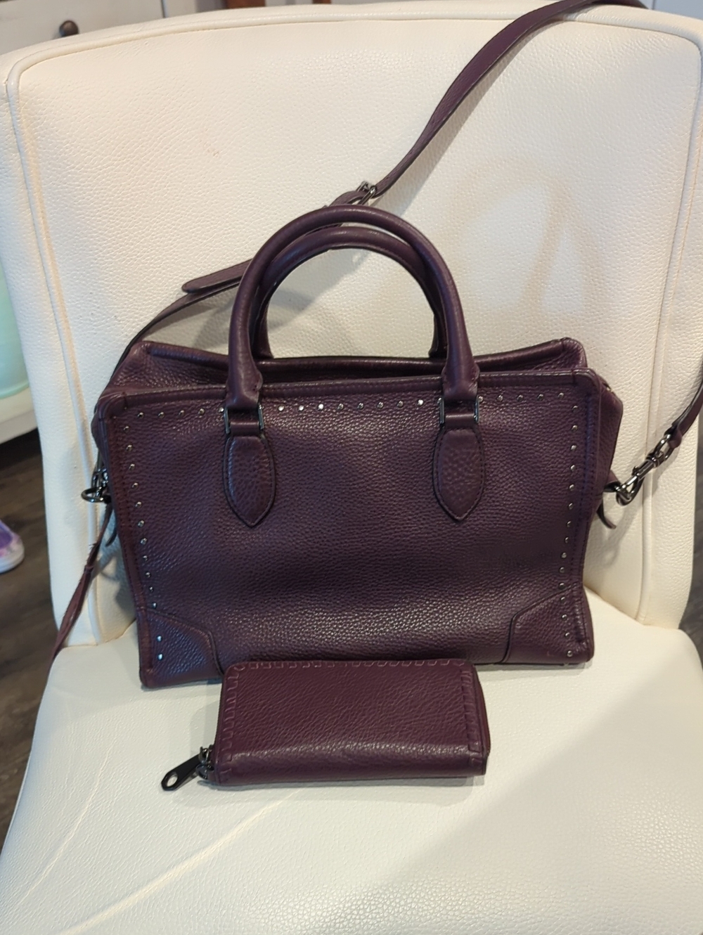 Rebecca Minkoff Plum Pebbled Leather Satchel with Crossbody Strap and Wallet